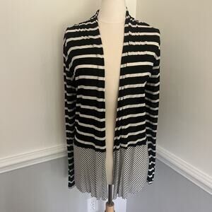 Three Dots Cardigan Size Medium Black White Stripe Stretch‎ Knit Lightweight
